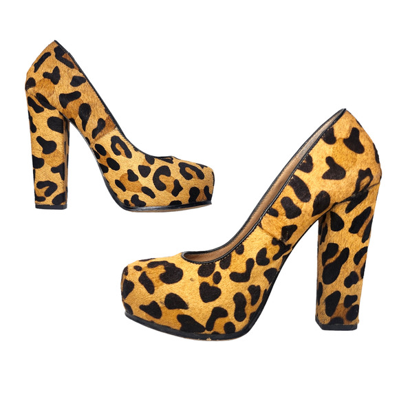 Steve Madden Shoes Womens 7 Brown Black Cheetah Leather Pony Hair Block Heels - Picture 2 of 11